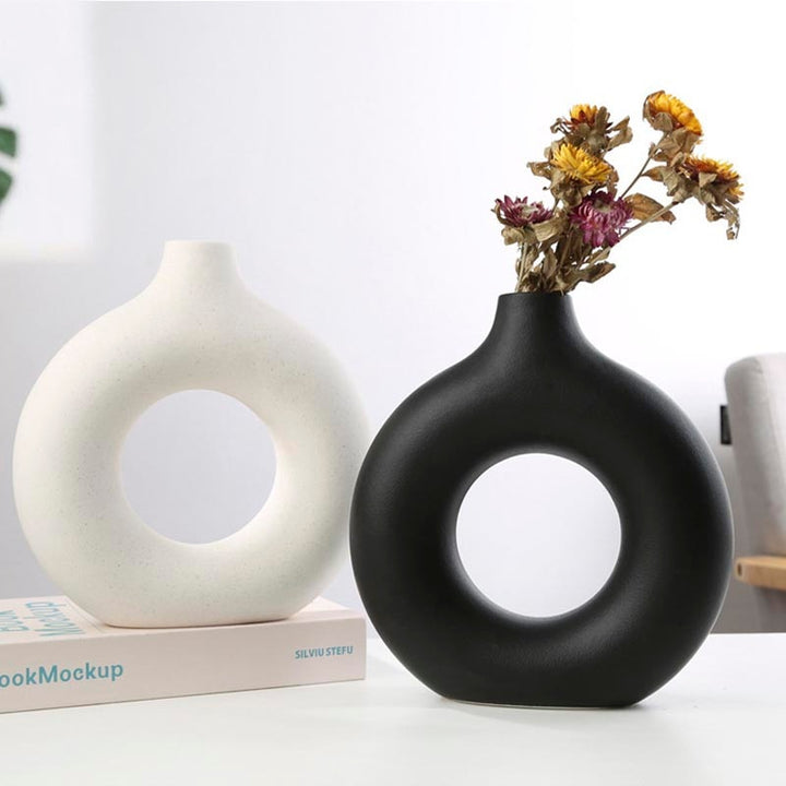 Nordic Ceramic Vase for Pampas Grass Donuts Flower Pot Home Decoration Accessories Office Living Room Interior Table Desk Decor - Grow Nature